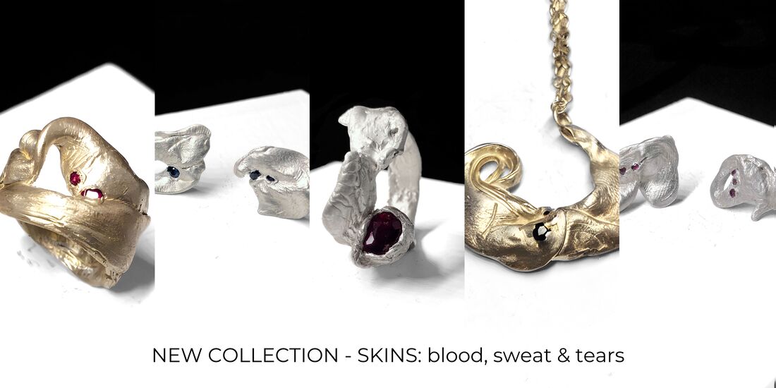 Gold and silver rings, earring and a necklace set with sapphires, rubies and garnets set upon a black and white background. The surface texture of the jewellery is human skin imprint. The caption reads NEW COLLECTION - SKINS: blood, sweat & tearsPicture